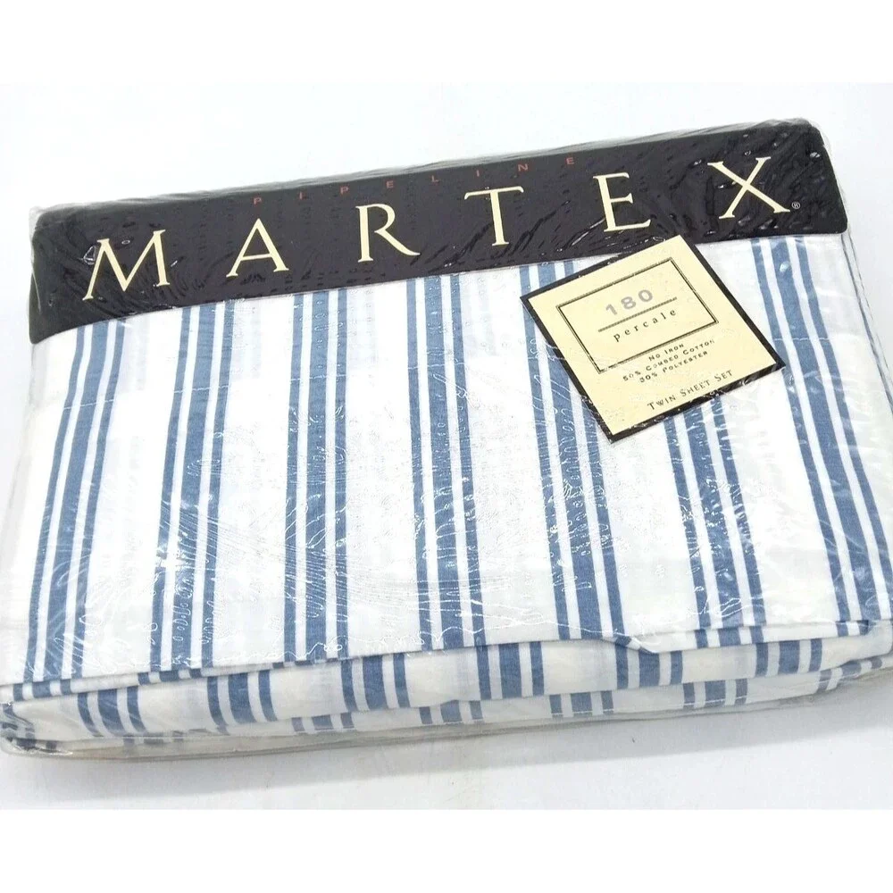 Vtg Martex Tuxedo Stripe Wedgewood Blue 180 Percale No Iron Twin Sheet Set NIP